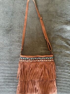 Brown Fringe Crossbody Bag with Colorful Woven Trim